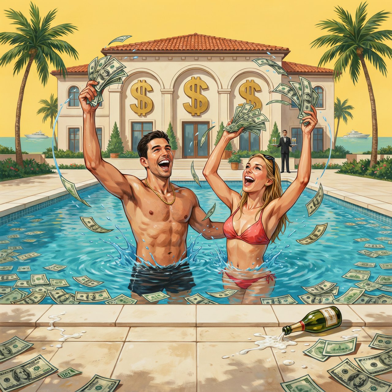 A wealthy adult couple swimming in a huge pool full of money, near a huge mansion with dollar signs on it, with a fun, happy vibe. — Ideogram v4