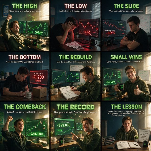 An image depicting the highs and lows of trading, in at least four panels. It ends with a very green day, record profits, and a lesson. — Model 20