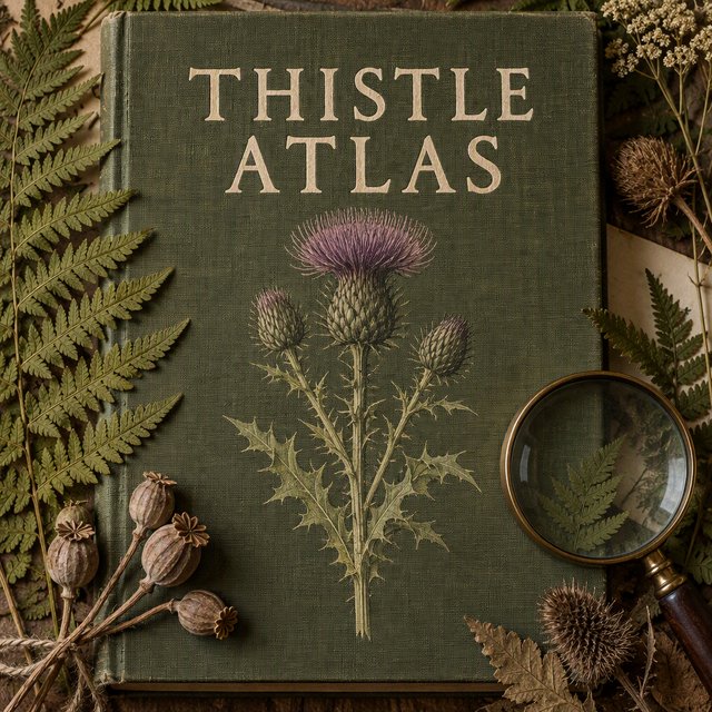 Pressed fern fronds, seed pods, and a magnifying lens frame a naturalist’s field-guide book cover on moss-green cloth; “THISTLE ATLAS” spans the upper third in hand-cut ivory serif capitals, with no other legible writing. — Model 4