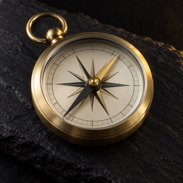 A compact brass pocket compass rests on black slate, its satin-metal casing and clear glass cover catching a broad diffused key and narrow warm rim light against a deep charcoal background; an unbranded commercial product image, blank face without lettering. — GPT Image 2.5 Sunburst