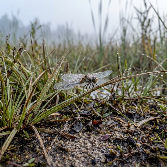 On a peaty marsh edge, a dragonfly rests among sedges after a light morning shower; dew beads on its veined wings and granular mud, while reed stems soften into pale fog behind it. — Nano Banana 2.1