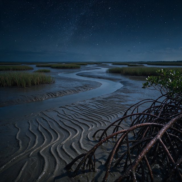 A mangrove delta spreads beneath a star-filled midnight sky after a humid shower; rain-beaded roots and fine silt ridges sharpen the foreground, while winding channels vanish among distant reed islands. — Model 20