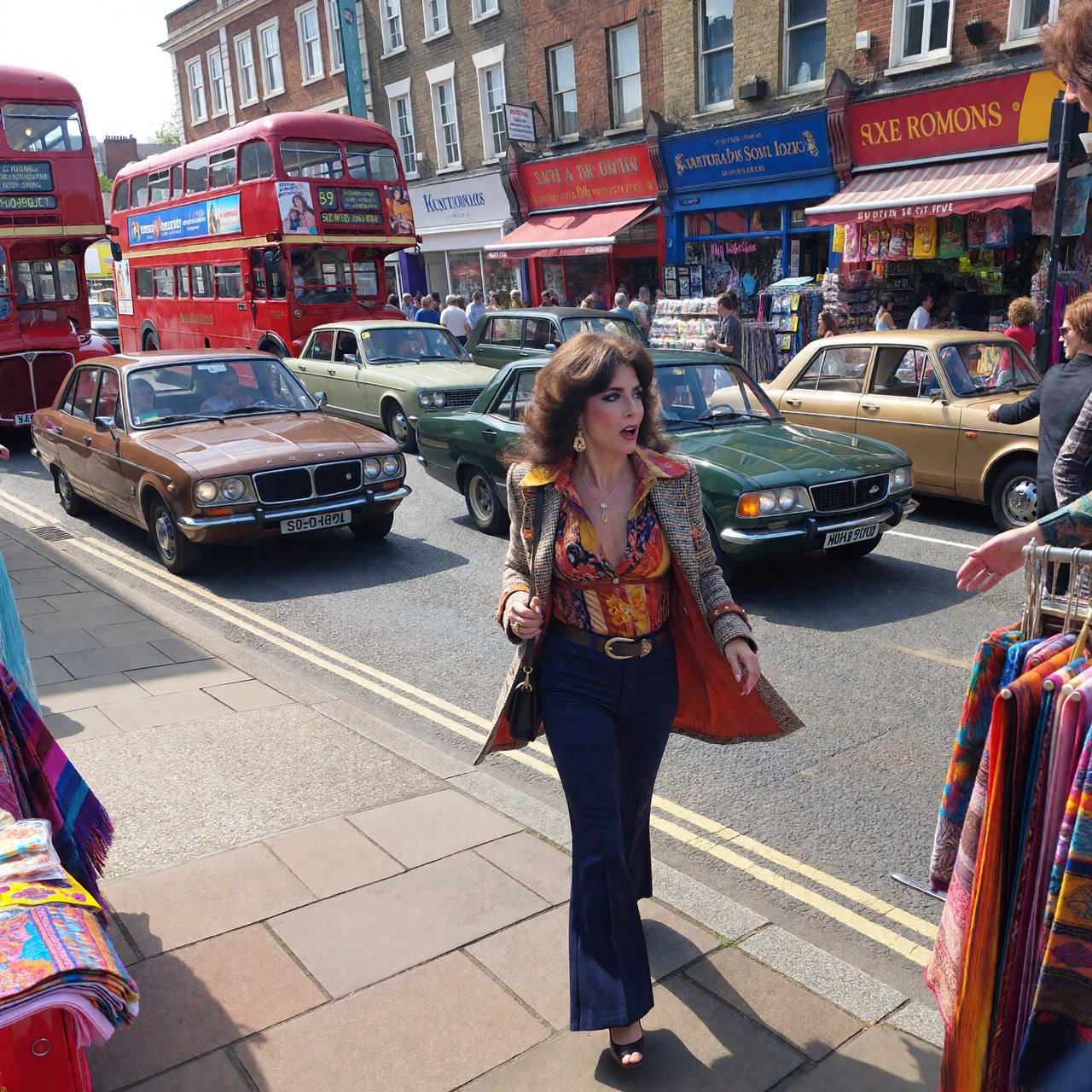 A glamorous woman walking down a busy UK high street in 1977. There are cars, buses and shops full of merchandise. Something surprising catches her eye. — ImagineArt 1.5 Pro