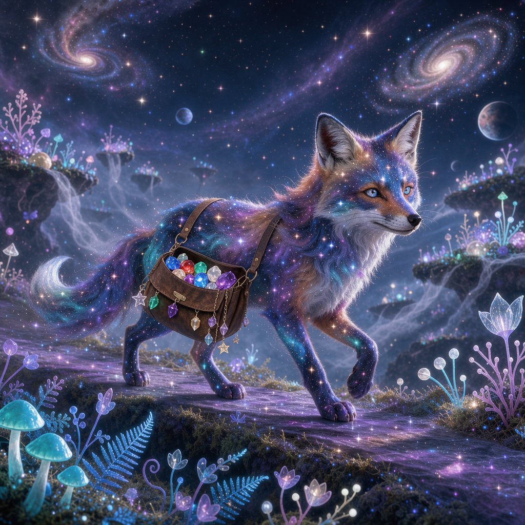 A celestial fox made of stardust and nebulae, carrying a satchel overflowing with glowing cosmic jewels, journeys through an ethereal dreamscape. Swirling galaxies and bioluminescent flora fill the background. The scene is rendered in a surreal, photorealistic style, emphasizing intricate details and a sense of infinite wonder. — FLUX 3 Image