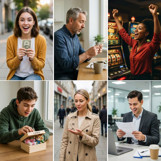 4–6 realistic scenes of people having the luckiest day of their lives. The word “Lucky” should appear at least twice in the image, and seem totally in place and seamless. The whole vibe is pretty much lucky moments that were unexpected but very welcome. — Ideogram v4.5