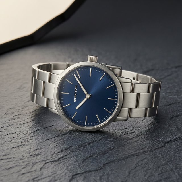Product shot of a minimalist steel wristwatch with a navy dial on dark slate, single softbox from the upper left, subtle reflection. — Wan 2.7