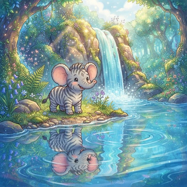 An adorable animal in a cartoon illustration, a cross between an elephant, a zebra, and a mouse. On the shore at the base of a magical waterfall flowing into a crystal-blue pond. Ripples create a wavy reflection in the water. — Nano Banana 2 Lite