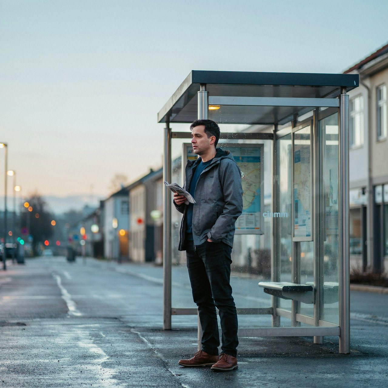 Candid documentary photograph of an adult waiting beside a city bus shelter at dawn, sodium streetlights fading into cool blue daylight, 50mm lens with shallow depth of field, fine rain droplets clinging to the shelter glass. — Ideogram v4.5