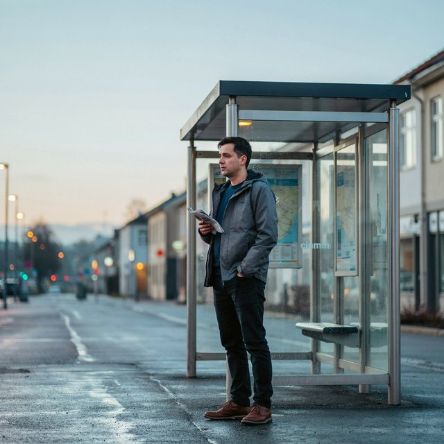 Candid documentary photograph of an adult waiting beside a city bus shelter at dawn, sodium streetlights fading into cool blue daylight, 50mm lens with shallow depth of field, fine rain droplets clinging to the shelter glass. — Ideogram v4.5