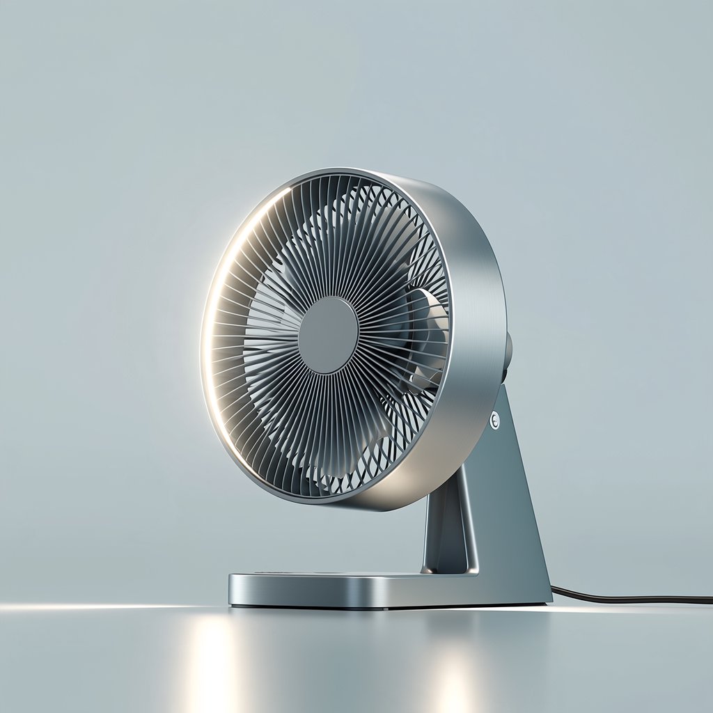 Commercial product photograph of an unbranded desktop fan made from brushed aluminum and matte ivory polymer, resting on a smoked glass surface against a pale gray background, illuminated by broad diffused studio light and a soft rear rim light. — Midjourney Niji 7