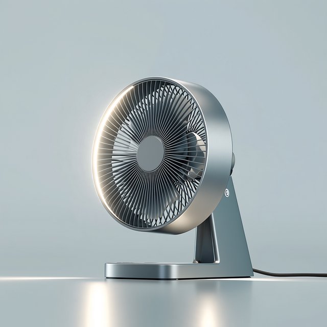 Commercial product photograph of an unbranded desktop fan made from brushed aluminum and matte ivory polymer, resting on a smoked glass surface against a pale gray background, illuminated by broad diffused studio light and a soft rear rim light. — Midjourney Niji 7