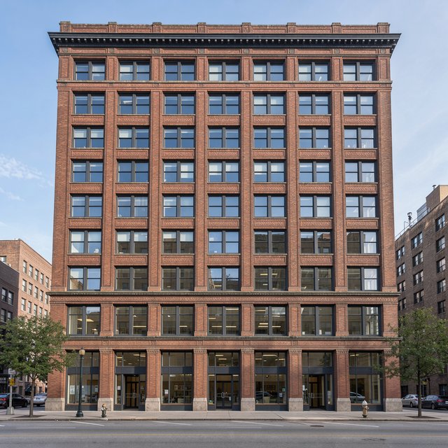 Exterior of a Chicago School office tower, with a visible steel-frame grid, warm terra-cotta cladding, broad rectangular windows, and a flat roofline; clear afternoon light, viewed from across a city street, with precise verticals and believable construction. — FLUX 3 Image