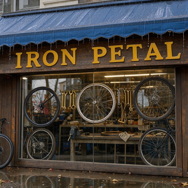 Rain beads on a bicycle repair shop’s blue awning, with wheels and brass tools visible behind the glass; “IRON PETAL” is lettered in warm yellow enamel capitals across the wooden fascia. — FLUX 3 Image Klein