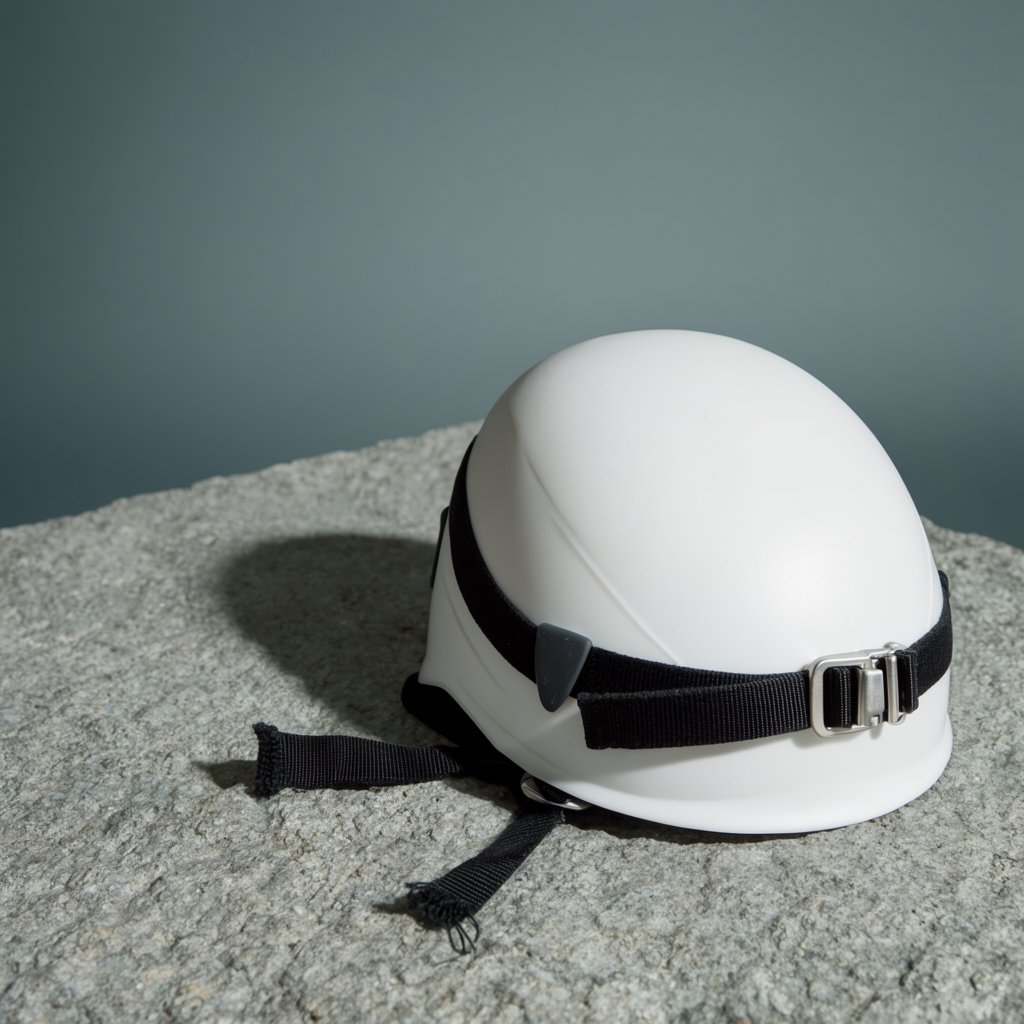 Against a muted slate backdrop, an unbranded climbing helmet with a matte recycled-polymer shell and woven nylon straps rests on rough granite; broad diffused key light and a cool rim light shape this commercial product image, with no lettering. — Krea 2 Large