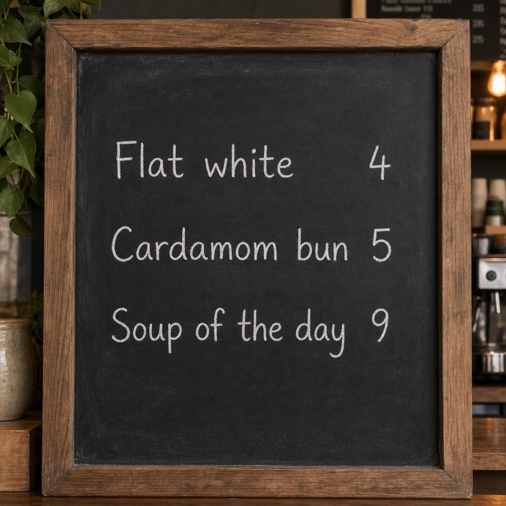 A café chalkboard listing exactly three items: "Flat white 4", "Cardamom bun 5", "Soup of the day 9", in neat chalk handwriting. — GPT Image 2