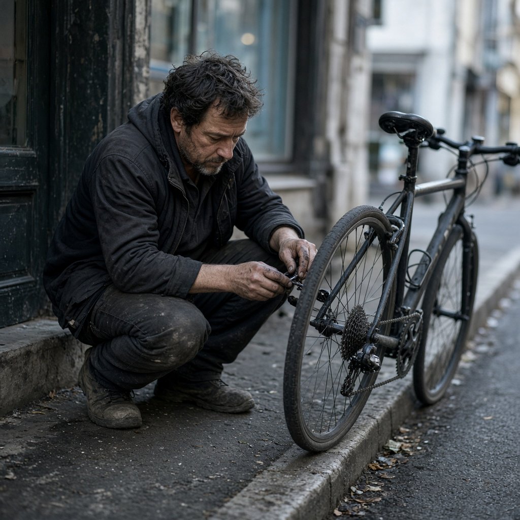 Candid documentary photograph of an adult repairing a bicycle at a quiet curbside workshop, cool morning window light, 50mm lens with shallow depth of field, grease smudges on their fingertips. — Grok Imagine Image 2