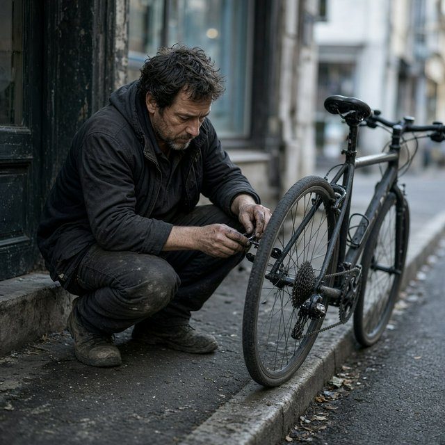 Candid documentary photograph of an adult repairing a bicycle at a quiet curbside workshop, cool morning window light, 50mm lens with shallow depth of field, grease smudges on their fingertips. — Grok Imagine Image 2