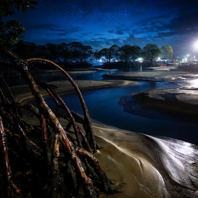 A mangrove delta spreads beneath a star-filled midnight sky after a humid shower; rain-beaded roots and fine silt ridges sharpen the foreground, while winding channels vanish among distant reed islands. — Model 11