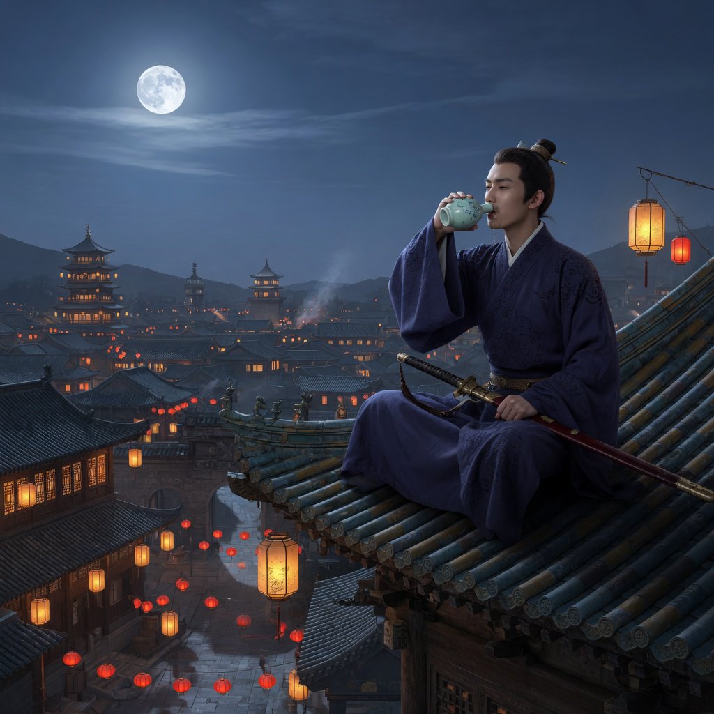 A lone Chinese swordsman sits on a tiled rooftop in ancient China at night, gazing over a lantern-lit city while drinking from a ceramic wine flask, moonlight bathing the quiet scene. — Grok Imagine Image Quality