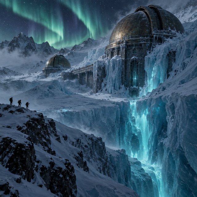 An abandoned observatory carved into a glacier, its bronze domes protruding from blue ice, aurora light filtering through crevasses, tiny adult explorers on a distant ridge emphasizing immense scale, drifting snow and deep polar shadows. — GPT Image 2.5 Sunburst