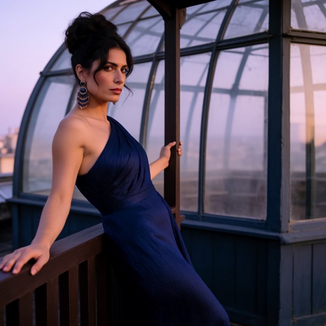 Editorial glamour photograph of one adult woman in a sapphire one-shoulder evening gown, leaning naturally against a rooftop conservatory railing at dusk, flattering lavender light, glass reflections, composed expression, elegant fashion-magazine atmosphere. — Krea 2 Medium