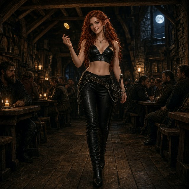 A beautiful, slim adult elf woman wearing black leather pants and a black leather crop top that leaves her belly exposed. She has stunning, intense green eyes and long, flowing, curled red hair. She is smiling; she is a rogue, with a rapier hanging from her belt. She is catwalking through a medieval fantasy tavern at night while flipping a golden coin, in a realistic fantasy style. — Grok Imagine Image 2