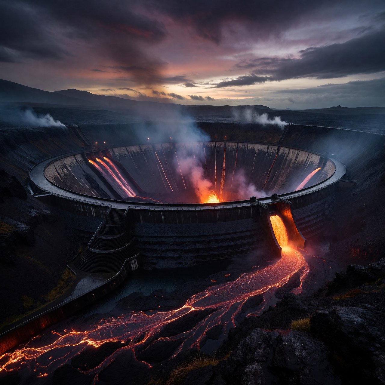 A colossal ring-shaped dam bridges a volcanic caldera, its black stone spillways veined with molten light. Rain veils the terraces as steam rises into a bruised dusk sky. — ImagineArt 1.5 Pro