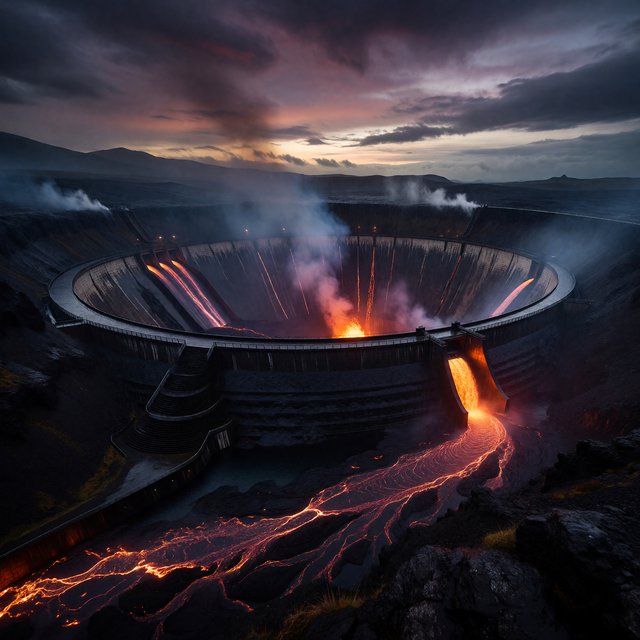 A colossal ring-shaped dam bridges a volcanic caldera, its black stone spillways veined with molten light. Rain veils the terraces as steam rises into a bruised dusk sky. — ImagineArt 1.5 Pro
