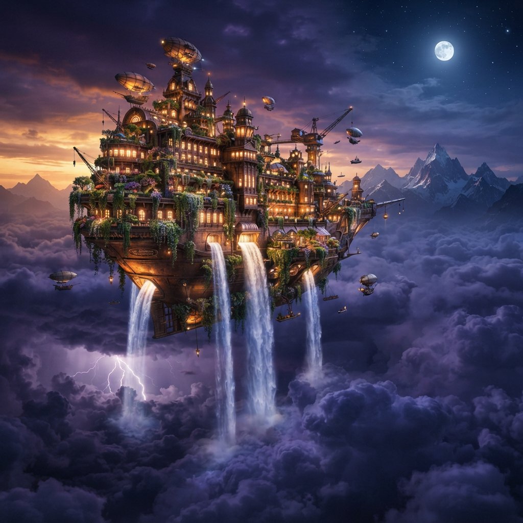 A colossal floating archive-ship drifts above storm clouds, its bronze hull wrapped in hanging gardens and luminous windows, while waterfalls spill into the sky. Distant mountain peaks pierce the cloud sea beneath a violet sunset and cold silver moonlight. — Nano Banana 2 Lite