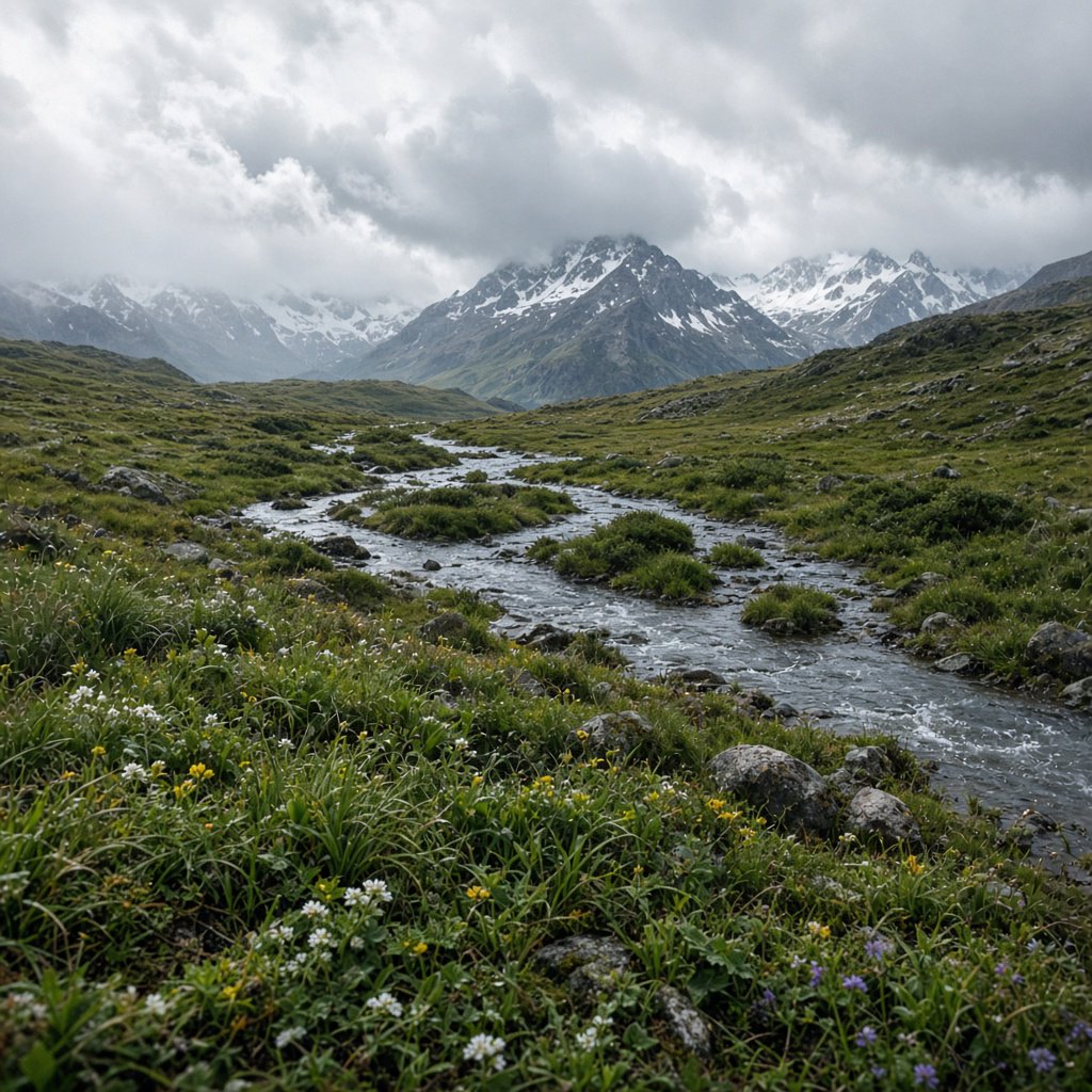 A windswept alpine meadow beneath heavy morning clouds, fresh rain darkening the grasses, a braided stream winding toward distant snowcapped peaks, tiny wildflowers and wet stones sharpening the foreground texture and layered depth. — Grok Imagine Image 2