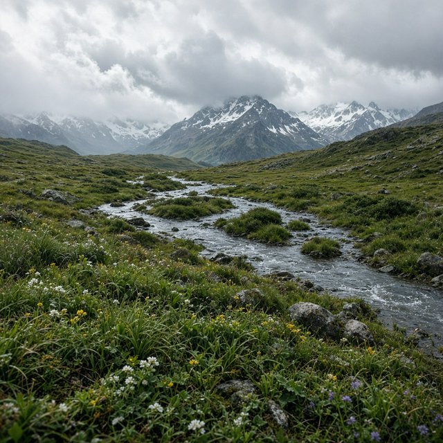 A windswept alpine meadow beneath heavy morning clouds, fresh rain darkening the grasses, a braided stream winding toward distant snowcapped peaks, tiny wildflowers and wet stones sharpening the foreground texture and layered depth. — Grok Imagine Image 2