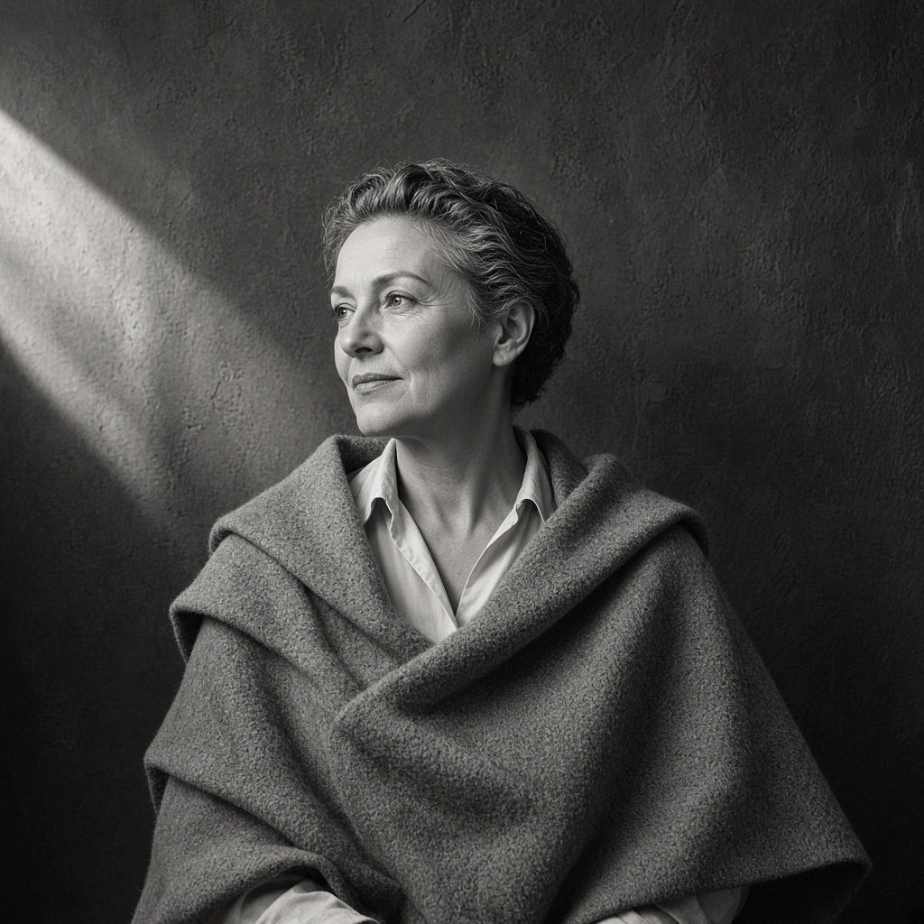 Under a narrow window beam, an adult woman in her late 50s wears a sculpted wool cape over a cotton blouse; her wry expression rests against a charcoal plaster backdrop in a black-and-white portrait, shaped by soft angled light. — Grok Imagine Image 2