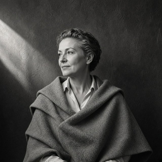 Under a narrow window beam, an adult woman in her late 50s wears a sculpted wool cape over a cotton blouse; her wry expression rests against a charcoal plaster backdrop in a black-and-white portrait, shaped by soft angled light. — Grok Imagine Image 2