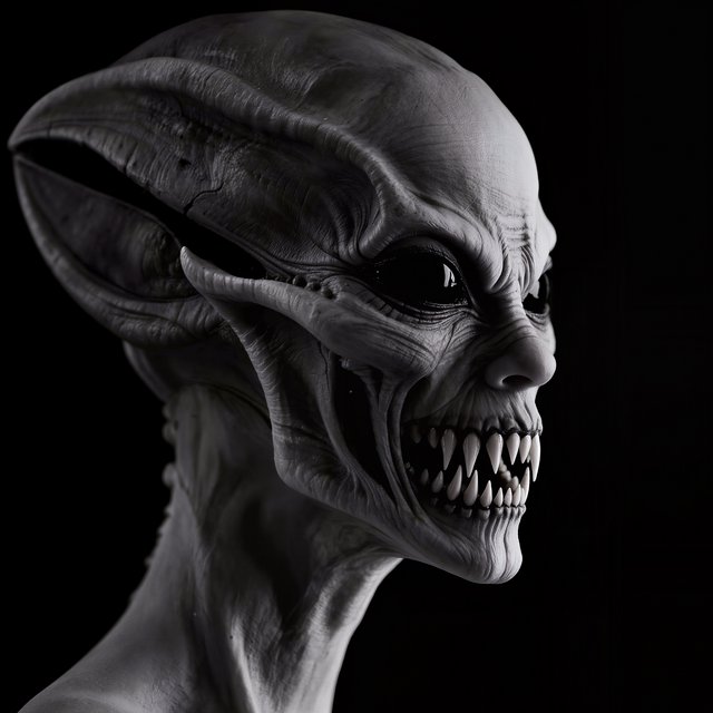 A creepy woman in side profile. Focus on the head with a slightly alien figure. Pale skin. No irises in the eyes. Mouth is open wide with very sharp, long razor teeth. Black background. Chiaroscuro effect. — Kling v3