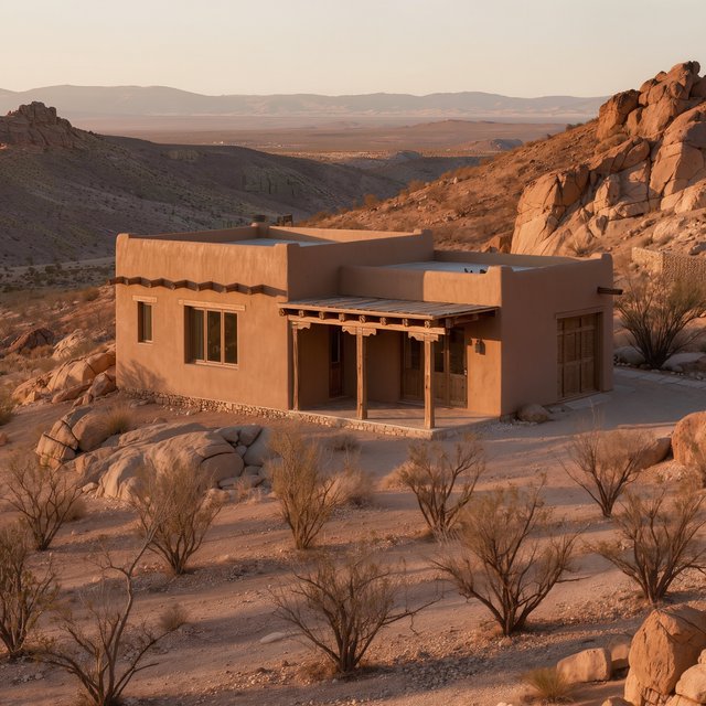 Beyond dry orchard rows, a Pueblo Revival adobe house settles into the desert foothills, with timber lintels and a muted clay roof; warm late-afternoon light, viewed from a rocky rise, reveals clean geometry and credible construction. — Kling v3