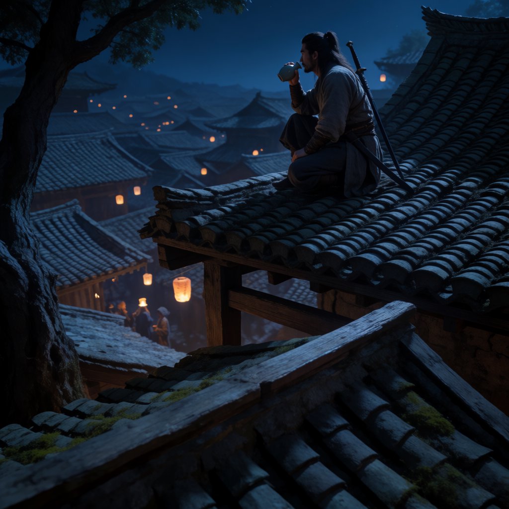A lone Chinese swordsman sits on a tiled rooftop in ancient China at night, gazing over a lantern-lit city while drinking from a ceramic wine flask, moonlight bathing the quiet scene. — Krea 2 Medium