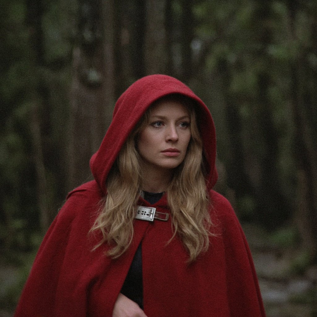 Medium shot at eye level: 1960s vintage film aesthetic. An adult woman with long, blonde hair walks alone through a dark forest. She wears a red hooded cloak, with the hood pulled up and fastened at the neck by a silver buckle. Photorealistic 1960s Technicolor film grain; soft, shallow depth of field. — Grok Imagine Image 2
