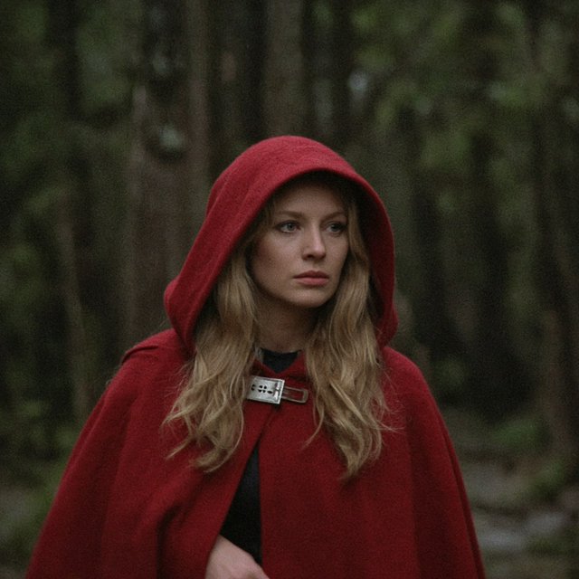 Medium shot at eye level: 1960s vintage film aesthetic. An adult woman with long, blonde hair walks alone through a dark forest. She wears a red hooded cloak, with the hood pulled up and fastened at the neck by a silver buckle. Photorealistic 1960s Technicolor film grain; soft, shallow depth of field. — Grok Imagine Image 2