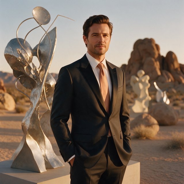Editorial glamour photograph of an adult man in a charcoal evening suit with a muted copper tie, standing at ease beside a desert art installation, flattering sunset light warming the sculptural landscape, composed expression and refined magazine atmosphere. — Seedream 5.0 Pro