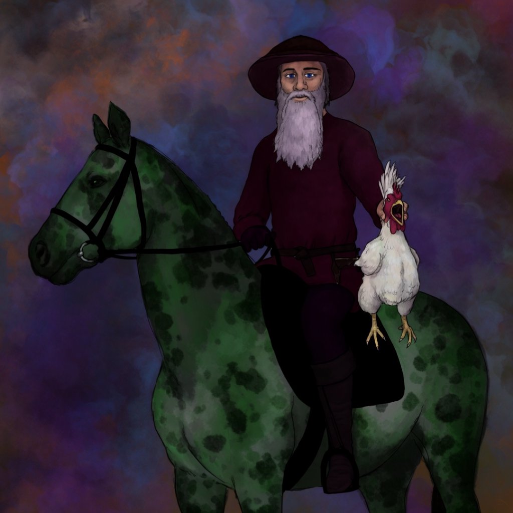 A man riding a horse, holding a screaming chicken, in dark gothic fantasy. — Krea 2 Large