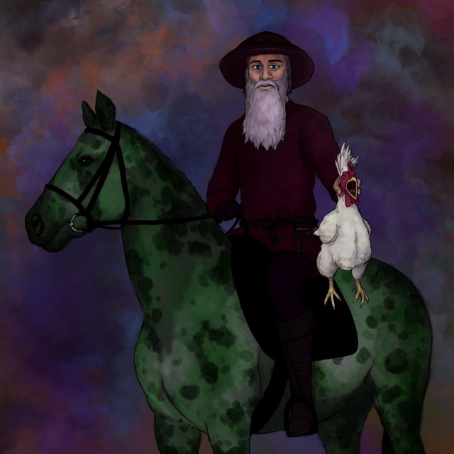 A man riding a horse, holding a screaming chicken, in dark gothic fantasy. — Model 11