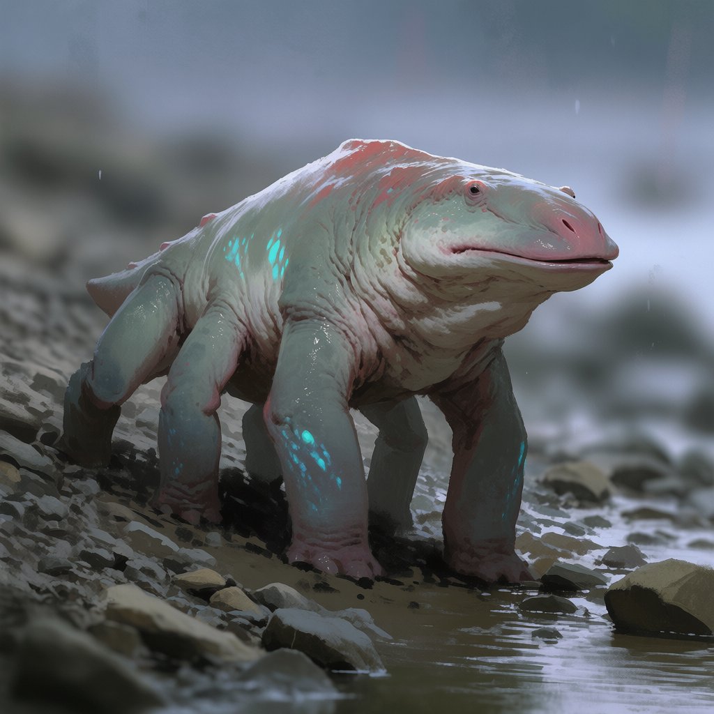 Creature design: a six-legged amphibious grazer with bioluminescent markings, shown on a riverbank, painterly. — Krea 2 Medium
