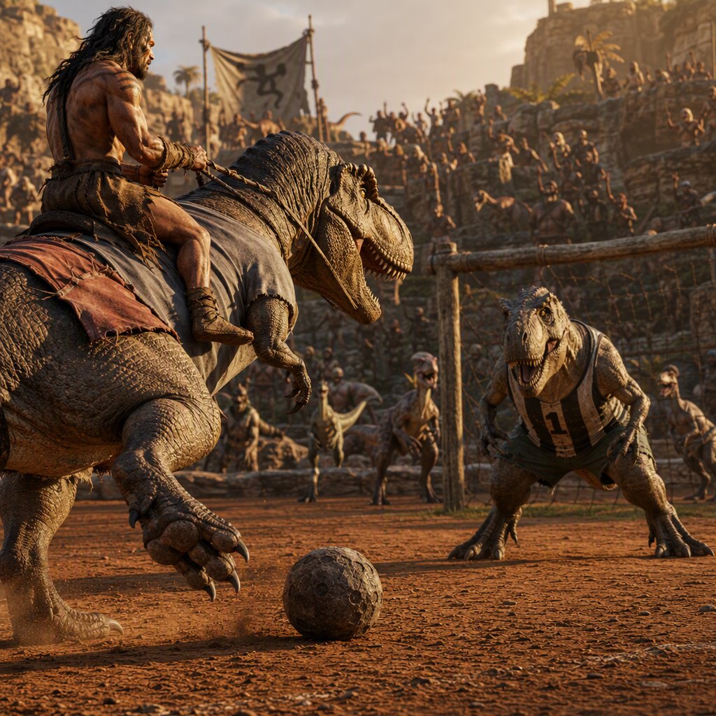 Wide shot of a golden-hour prehistoric football match, photorealistic, cinematic. A weathered, muscular adult caveman with ochre face paint sits upright on a plump medium T-Rex's back, gripping a braided leather leash. The mounted T-Rex strains mid-kick, wearing a tiny faded grey cotton T-shirt riding up over its scaled shoulders and frayed athletic shorts bunched at its hips, one massive clawed foot cocked back behind a pockmarked 3ft stone football. A weathered timber goalpost stands 20 yards ahead; the opposing T-Rex goalie hunches ready in a sleeveless striped jersey #1 and grass-stained shorts, claws dug into dusty red earth. Sunlit bleachers line the natural rock arena: cheering adult cave families wave bone flags, assorted small dinosaurs bounce and roar along the sidelines, warm late-afternoon light gilds fern fronds and dinosaur scales, soft long shadows stretch across the playing field, playful triumphant atmosphere, sharp focus on the kicking T-Rex, shallow depth of field on spectators. — GPT Image 2