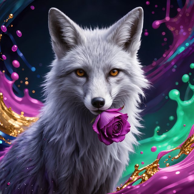 a silver fox holding a purple rose in its mouth, deep color, fantastical, intricate detail, splash screen, complementary colors, fantasy concept art — Model 9