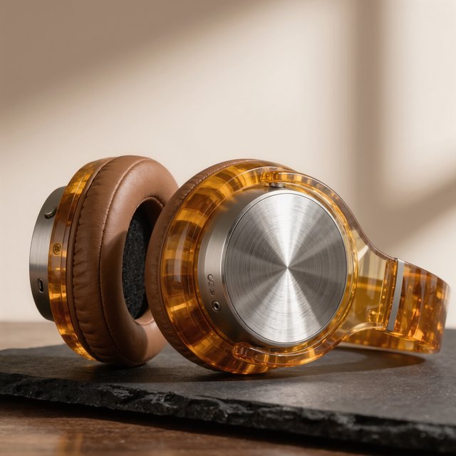 Commercial product photograph of unbranded over-ear headphones crafted from translucent amber resin and brushed titanium, resting on a dark slate surface against a muted cream background, lit by a broad diffused softbox and a delicate rim light. — Kling v3 Omni