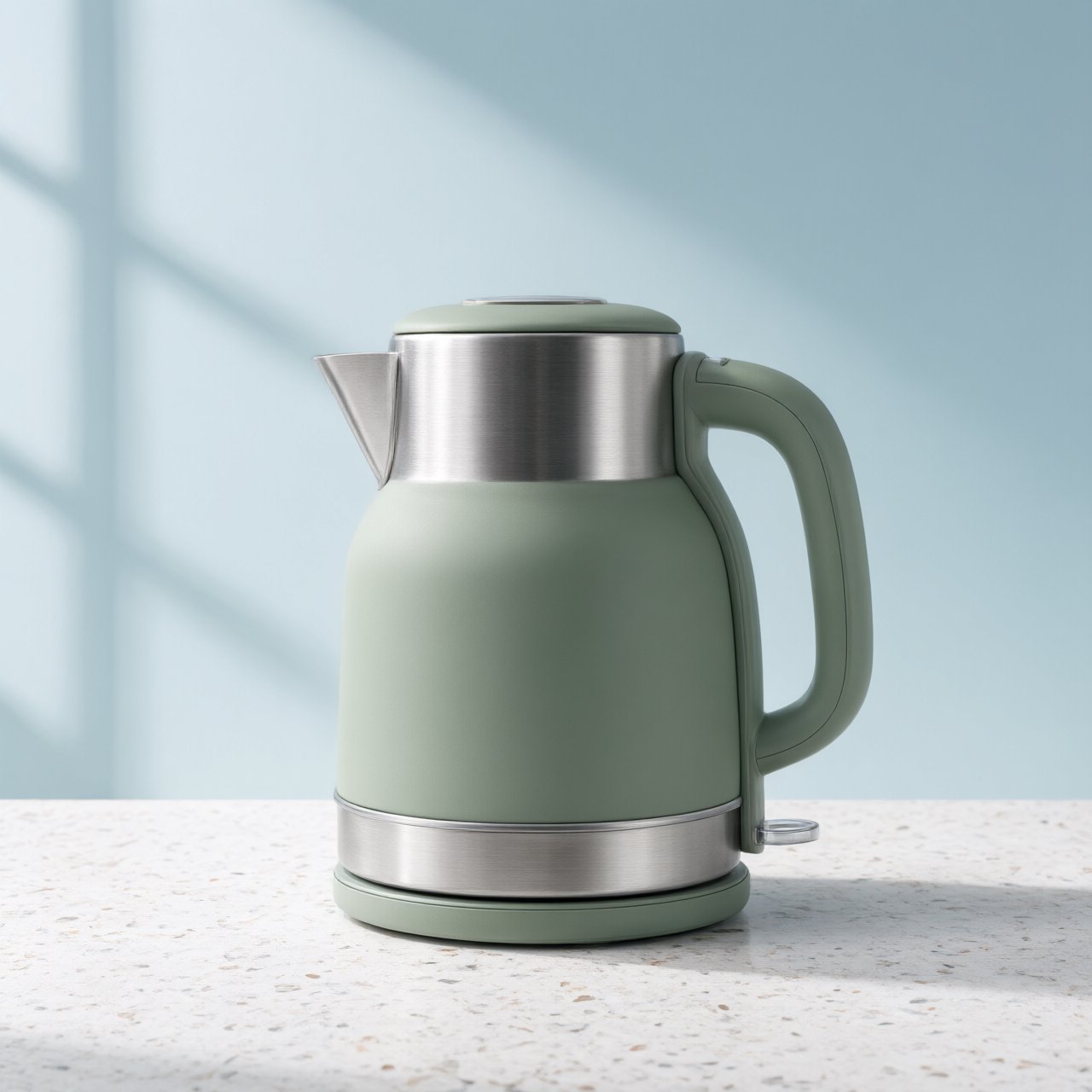Commercial product photograph of an unbranded electric kettle made from matte sage ceramic and brushed stainless steel, resting on a white terrazzo surface against a pale blue background, with soft window light from the left and a delicate grounding shadow. — Qwen Image 3.0
