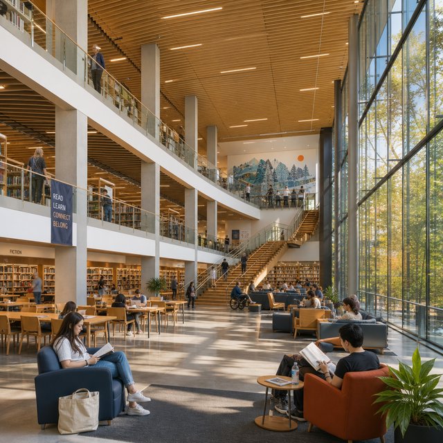 Interior of a modern public library with a three-storey atrium, timber ceiling slats, people reading, afternoon light through a glass wall. — GPT Image 2
