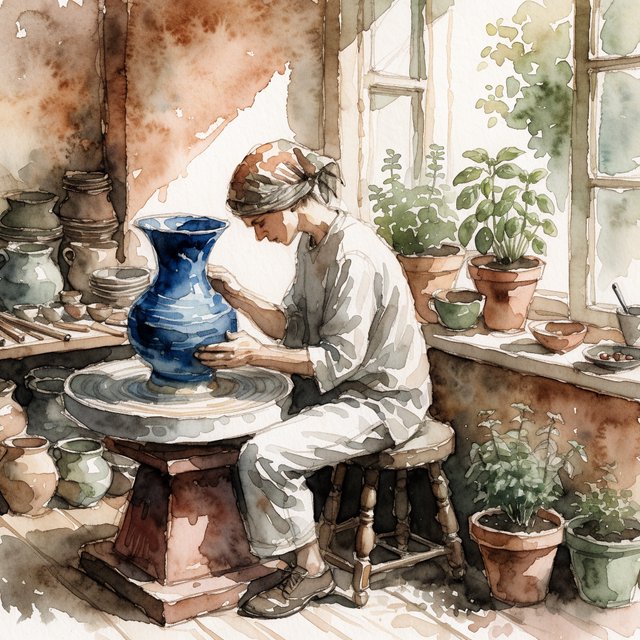 Watercolour illustration of an adult ceramicist shaping a luminous blue vessel beside an open workshop window, surrounded by clay tools, potted herbs, and sunlit terracotta walls. Palette of cobalt, ochre, sage, and cream, with soft flowing brushwork. — Recraft v4