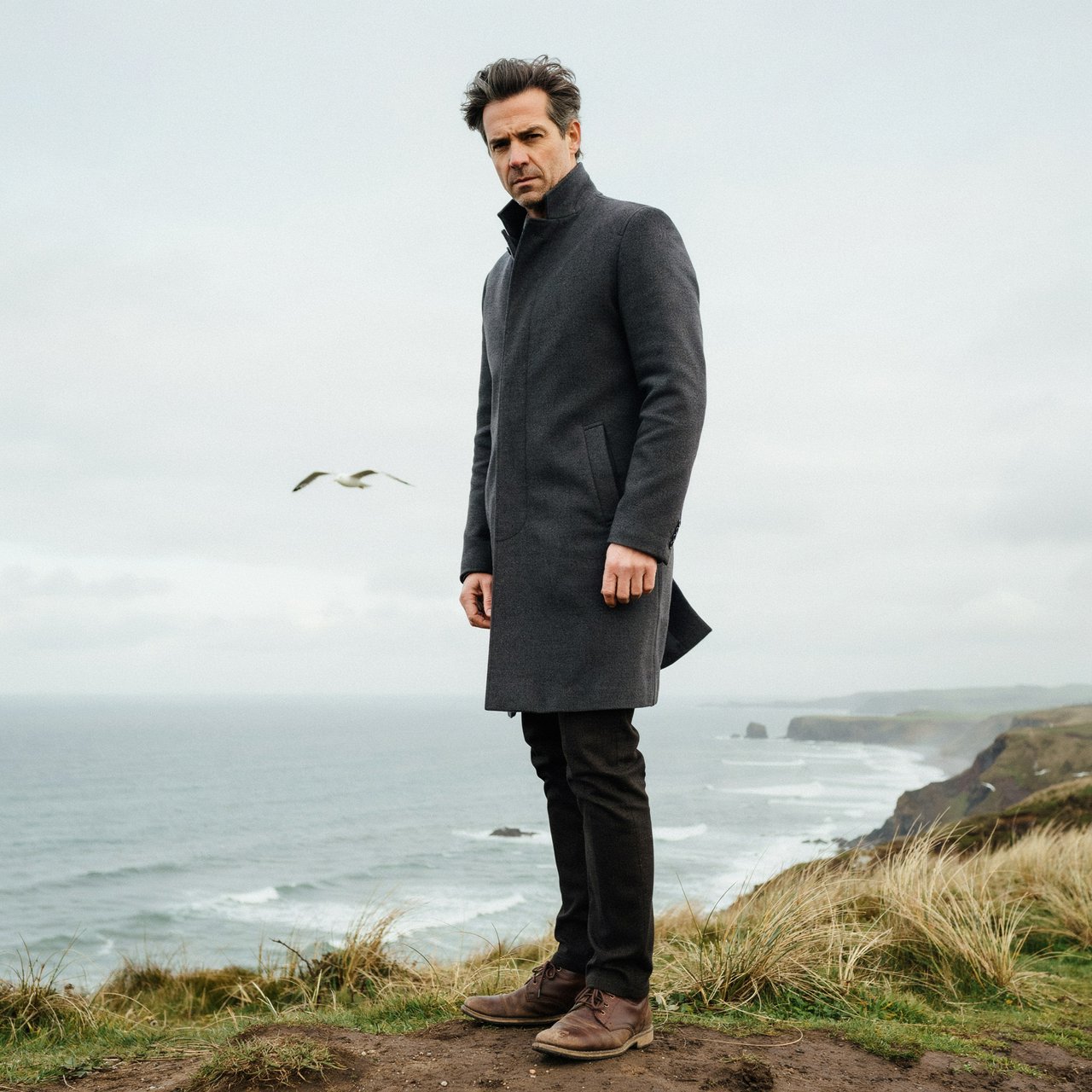Wind lifts the hem of a charcoal wool coat as an adult man in his late 40s keeps a pensive gaze. The portrait frames him against a windswept coastal bluff beneath cool, cloud-filtered daylight. — Ideogram v4