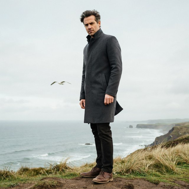 Wind lifts the hem of a charcoal wool coat as an adult man in his late 40s keeps a pensive gaze. The portrait frames him against a windswept coastal bluff beneath cool, cloud-filtered daylight. — Ideogram v4